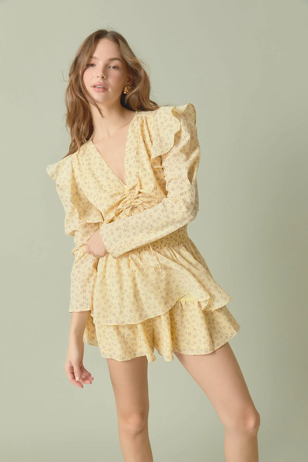 Ruched Front Long Sleeve Floral Romper