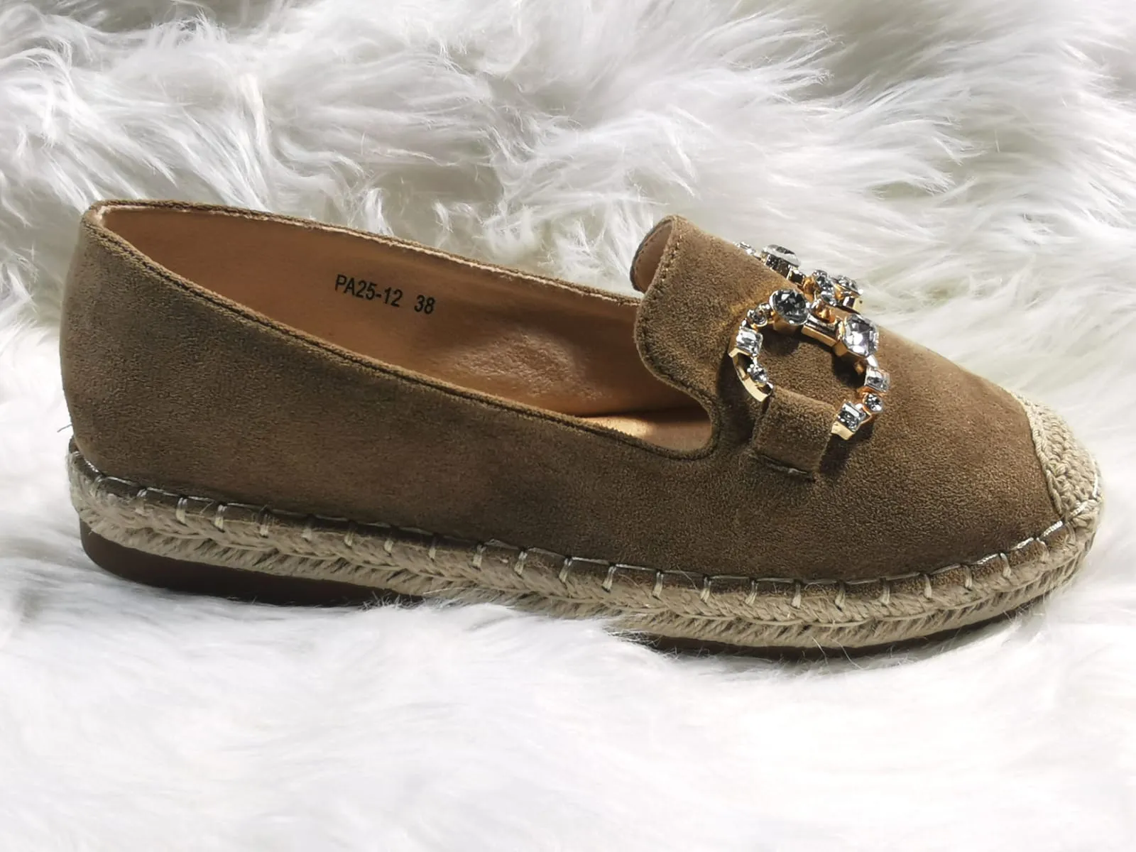 SAND CRYSTAL EMBELLISHED FAUX SUEDE SLIP ON ESPADRILLE