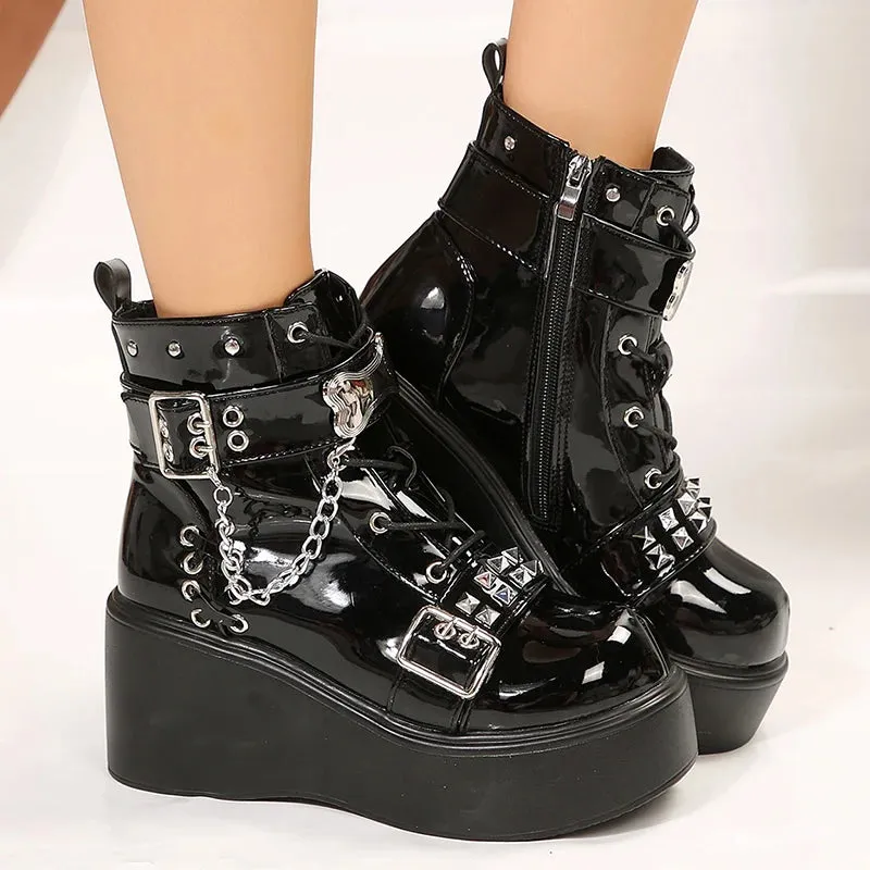 Sohiwoo Gothic Patent Leather Black Ankle Boots Women Winter Metal Chain Chunky Platform Punk Shoes Woman Plus Size Y2K Shoes