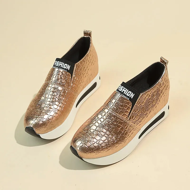 Sohiwoo Leather Platform Loafers Shoes for Women 2024 Spring Light Gold Silver Sneakers Woman Plus Size 42 Slip On Casual Shoes