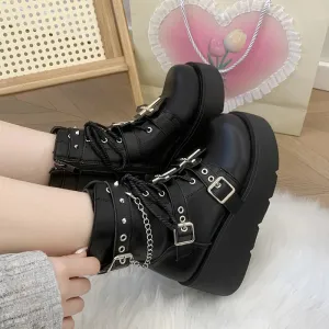 Sohiwoo Punk Black Chunky Platform Ankle Boots Women Winter Pu Leather Gothic Lolita Shoes Woman Metal Chain Thick Sole Y2K Boots