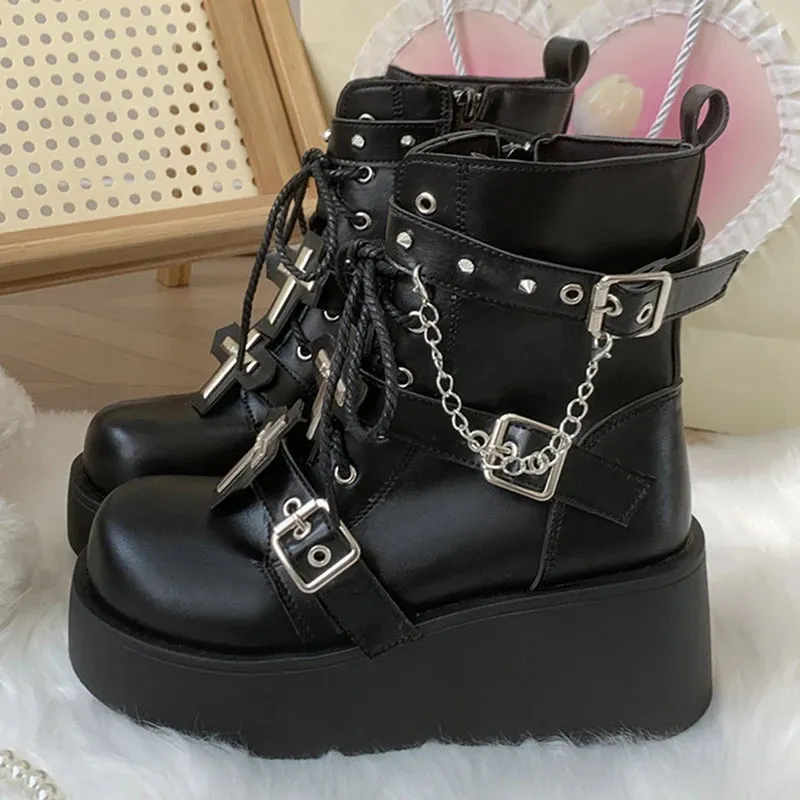 Sohiwoo Punk Black Chunky Platform Ankle Boots Women Winter Pu Leather Gothic Lolita Shoes Woman Metal Chain Thick Sole Y2K Boots