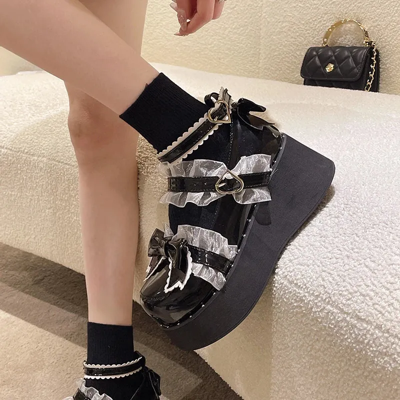 Sohiwoo Sweet Bowtie Platform Mary Janes Women Thick Bottom Patchwork Silk Lolita Shoes Woman New Round Toe Cute Ankle Strap Pumps