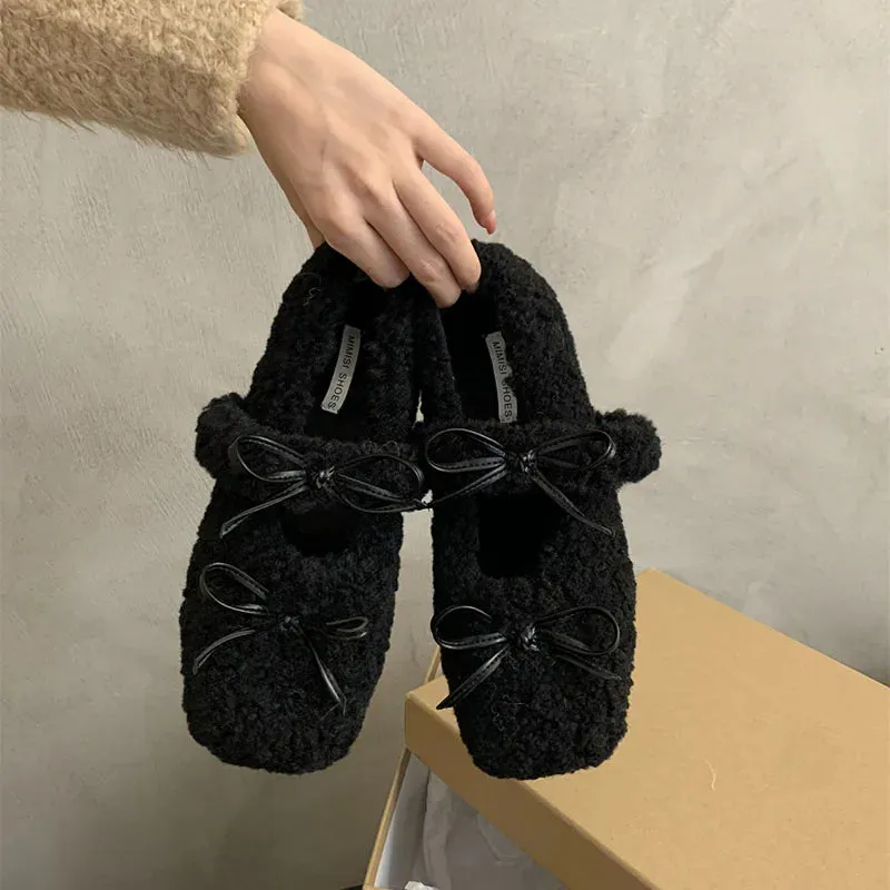 Sohiwoo Vintage Women Fur Flats Shoes Fashion Shallow Butterfly-knot Shoes Spring Autumn Ladies Elegant Keep Warm Shoes