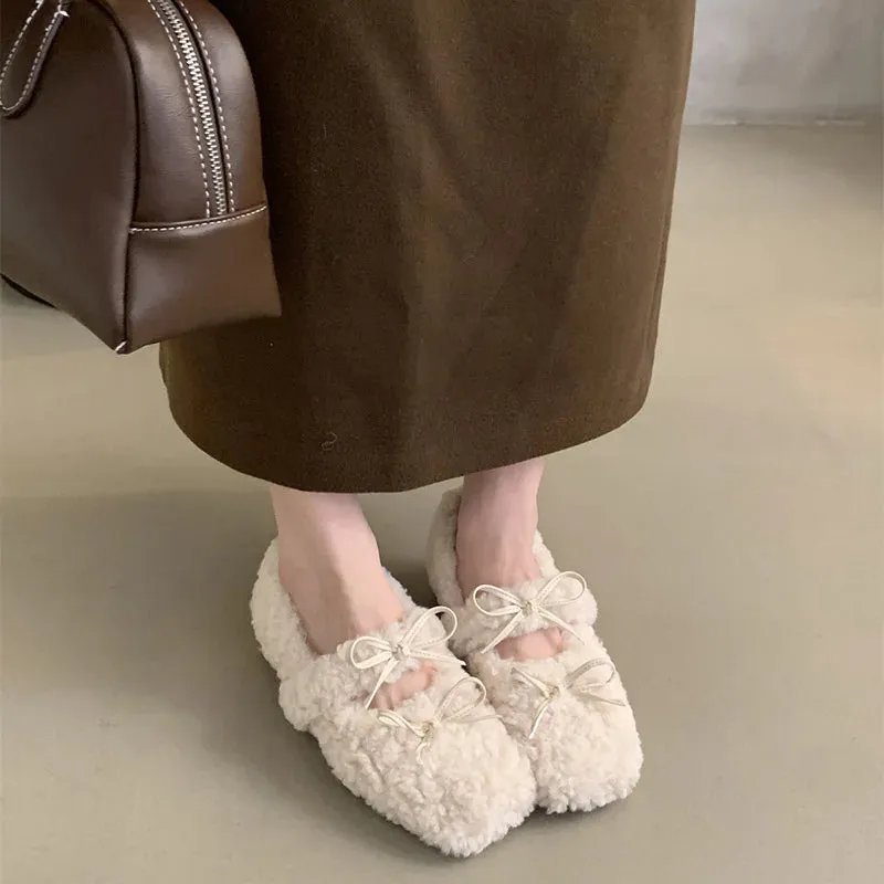 Sohiwoo Vintage Women Fur Flats Shoes Fashion Shallow Butterfly-knot Shoes Spring Autumn Ladies Elegant Keep Warm Shoes