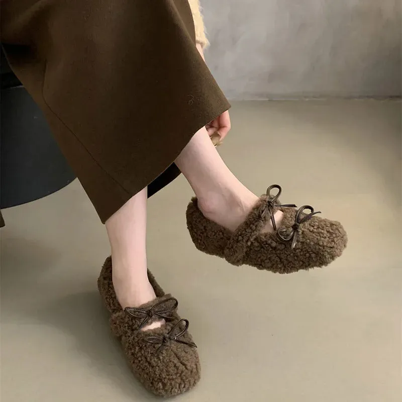 Sohiwoo Vintage Women Fur Flats Shoes Fashion Shallow Butterfly-knot Shoes Spring Autumn Ladies Elegant Keep Warm Shoes