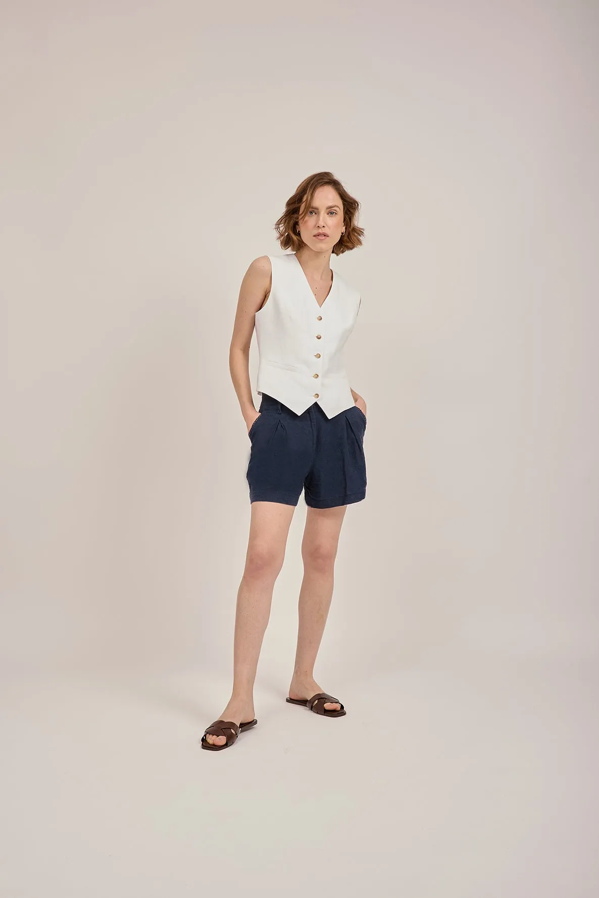 Tailored Waistcoat in White Linen by Anna James