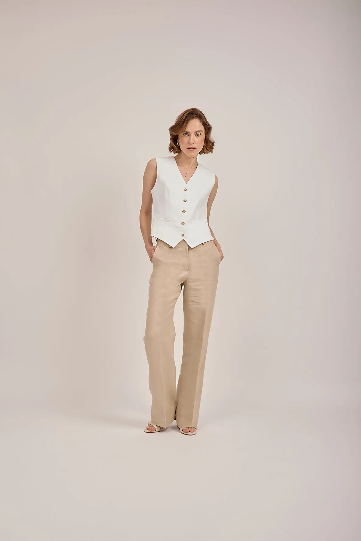 Tailored Waistcoat in White Linen by Anna James