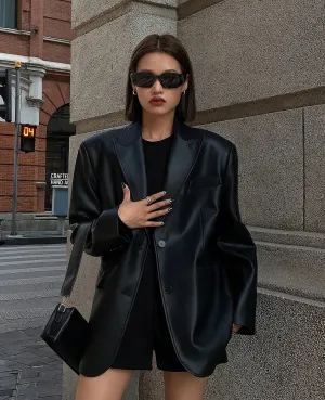 Vintage Black High Quality Leather Loose Biker Casual Long Sleeve Flap Pocket Oversized Blazer