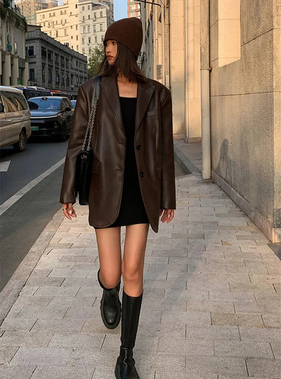 Vintage Black High Quality Leather Loose Biker Casual Long Sleeve Flap Pocket Oversized Blazer