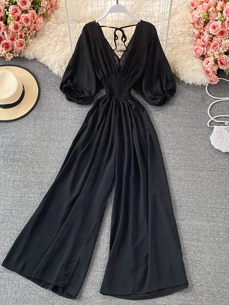 Vintage Romper Women Casual Short Puff Sleeve Wide Leg Jumpsuits