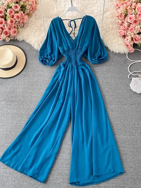 Vintage Romper Women Casual Short Puff Sleeve Wide Leg Jumpsuits