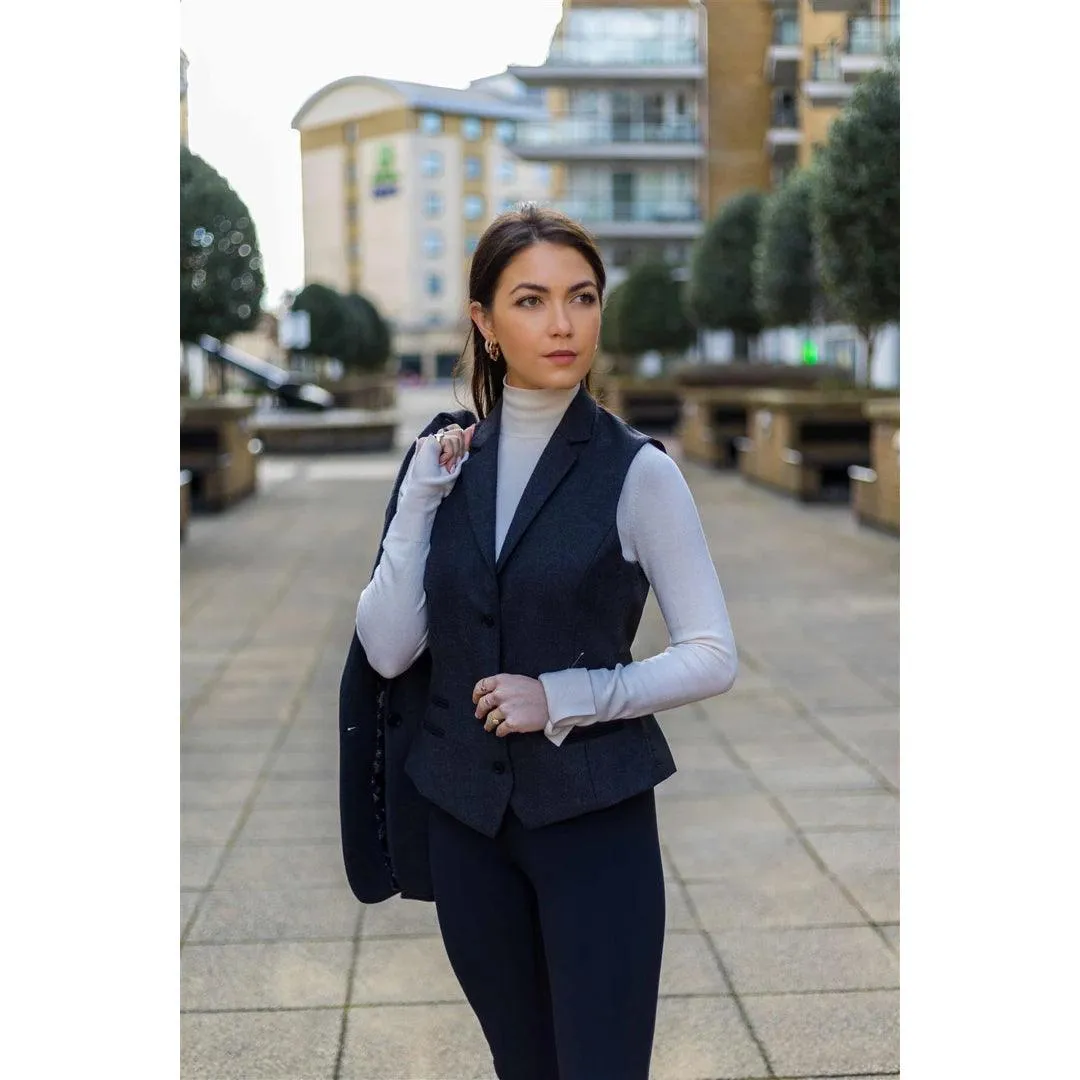 Women Black Blazer Waistcoat Tweed Herringbone Wool Classic Smart Casual Vintage 1920s