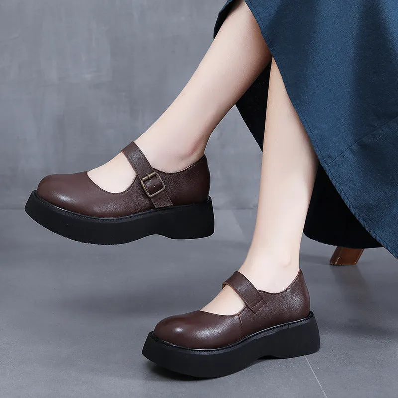 Women's Retro Platform Mary Jane Shoes Leather Thick-soled Shoes