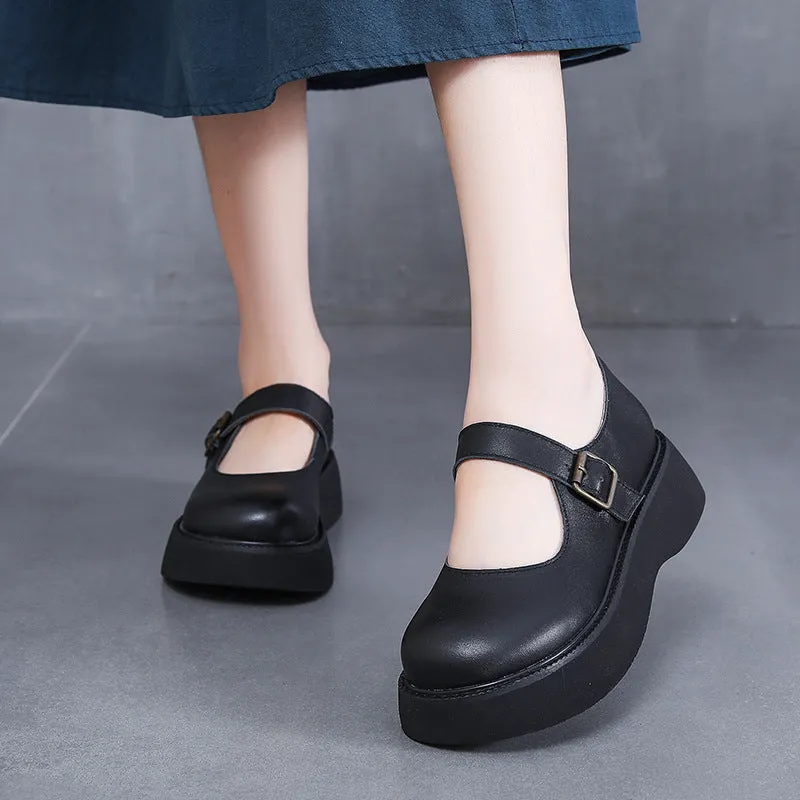 Women's Retro Platform Mary Jane Shoes Leather Thick-soled Shoes