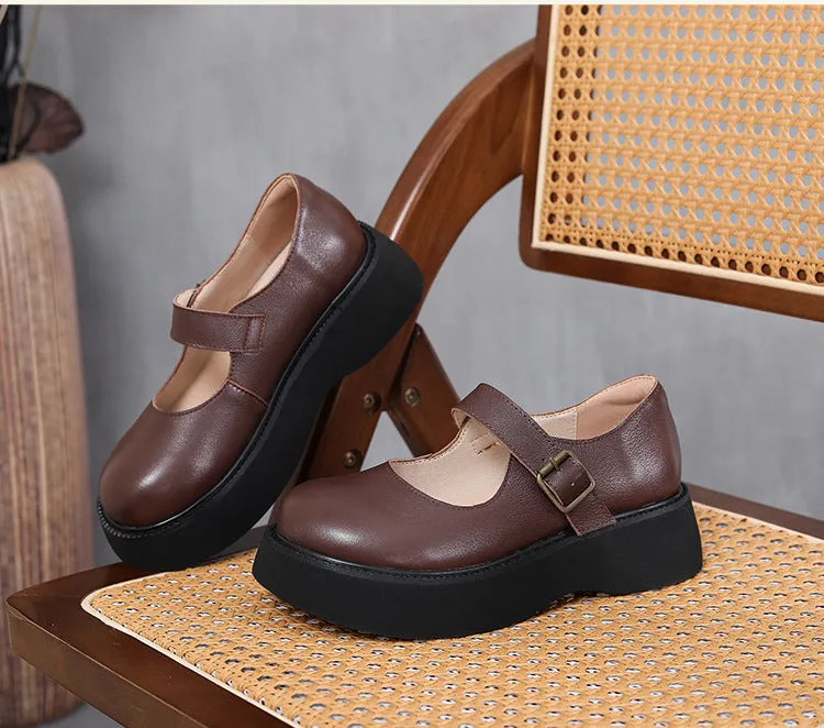 Women's Retro Platform Mary Jane Shoes Leather Thick-soled Shoes