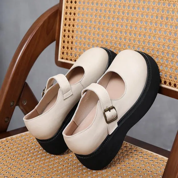 Women's Retro Platform Mary Jane Shoes Leather Thick-soled Shoes