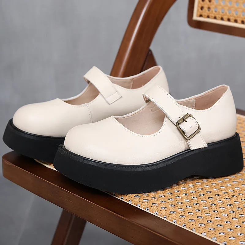 Women's Retro Platform Mary Jane Shoes Leather Thick-soled Shoes